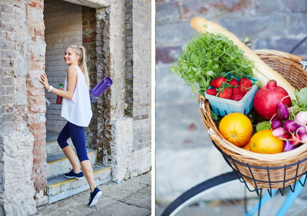 a fit lady in white shirt and a basket full of fruits and vegetables