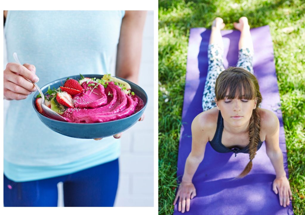 healthy food and a woman doing yoga