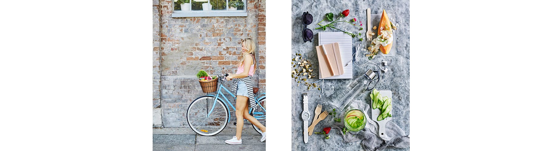 girl with basket of food and assorted items flat lay photography