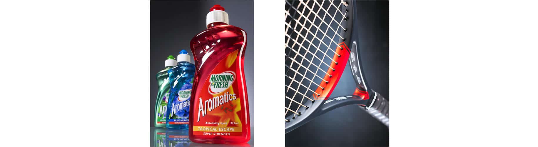 bottles of liquid soaps and a tennis racket