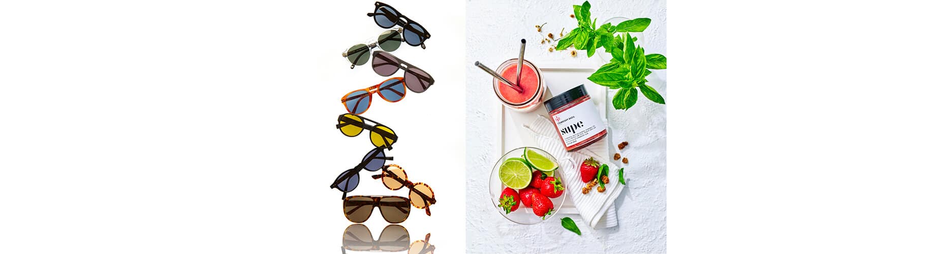 a photo of various sunglasses and and a flat lay photo of fruits and a glass of smoothie