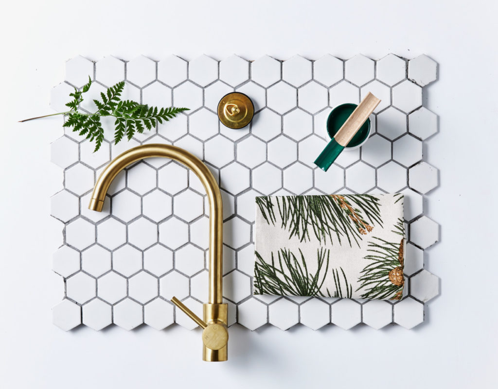 flat lay photos- objects on hexagon tiles