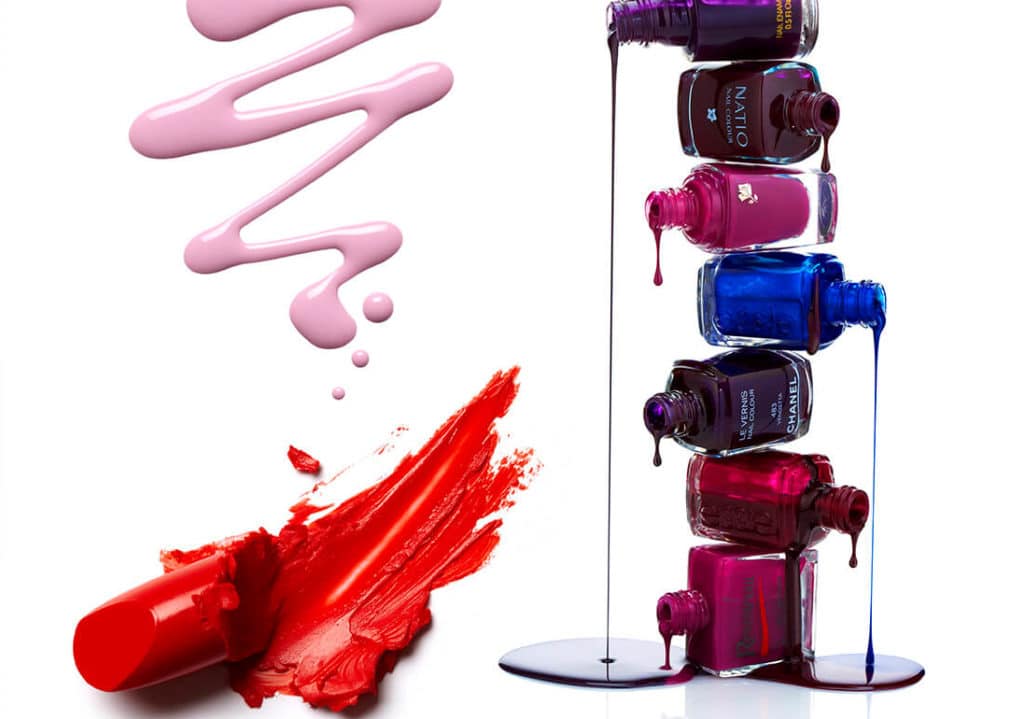 creative cosmetics photography of nail polish and lipstick
