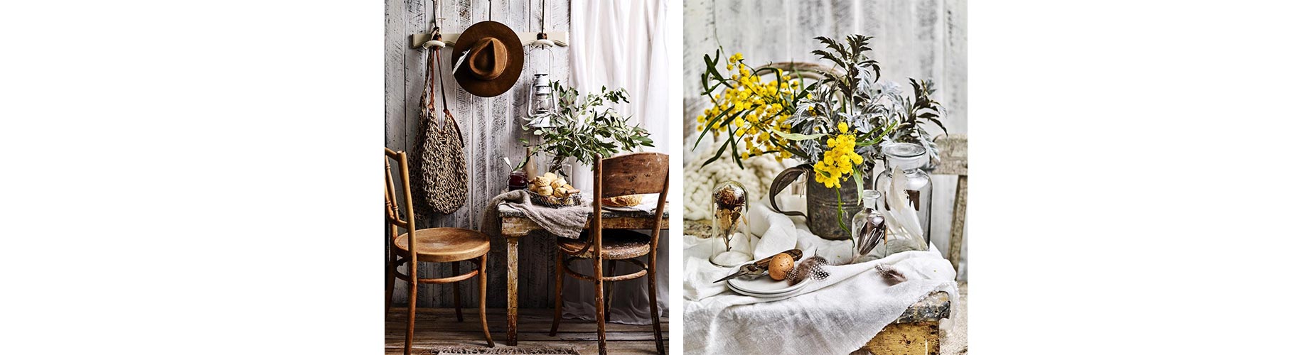 able with yellow wild flowers and rustic side table with bread