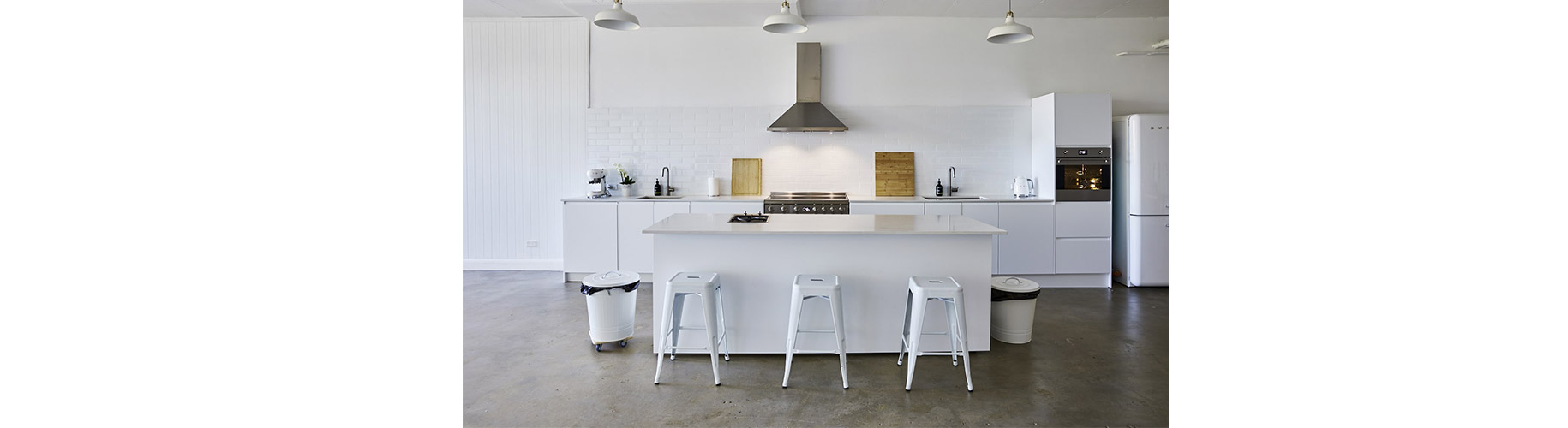white kitchen and dining stools